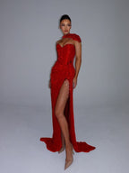 Cocoslly Strapless Sweetheart Sleeveless High Waist Long Split Prom Dress With Shawl | Silver Grey Sequins YK1275