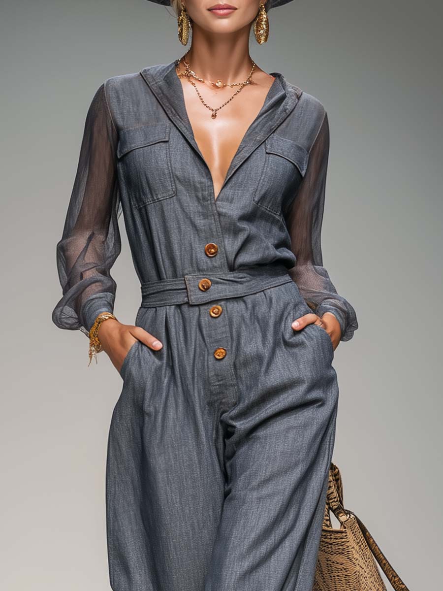 Elegant Utility Grey Tencel-Denim Sheer-Sleeve Button-Front Wide-Leg Jumpsuit