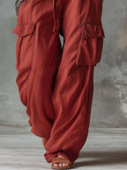 Retro Casual Workwear Style Red Cotton Pants