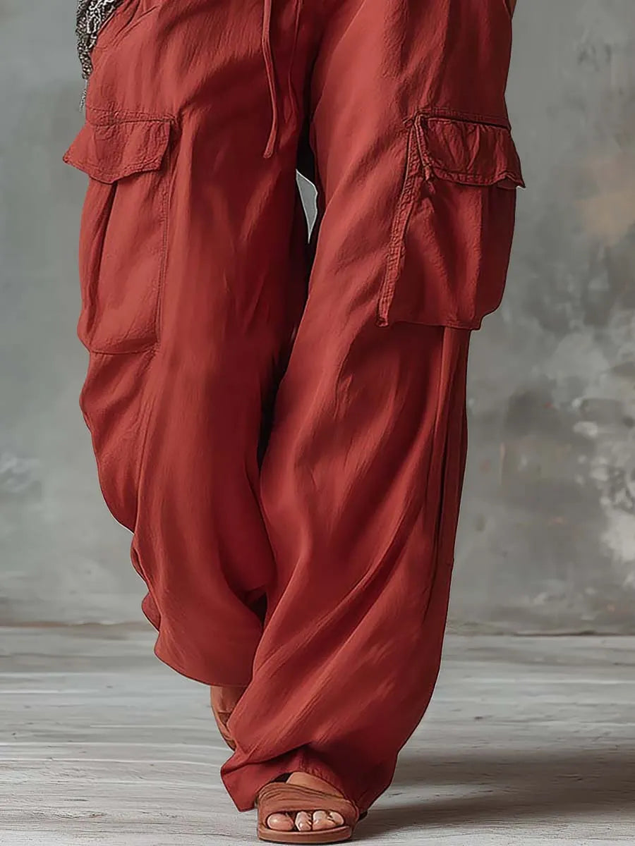 Retro Casual Workwear Style Red Cotton Pants