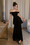 Cocoslly Off-The-Shoulder Sleeveless High Waisted Long Prom Dress | Black Velvet CO0014