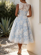Light Blue Jacquard Floral Classic Boat Neck Sleeveless A-Line Midi Dress