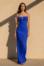 Cocoslly Spaghetti Straps Sleeveless High Waist Long Mermaid Prom Dress | Black Satin NW0254