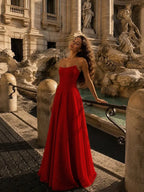 Cocoslly Strapless Sleeveless High Waist Long A Line Prom Dress With Beading Pearls | Dusty Rose Chiffon LX0109