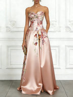 Pink Floral Satin Strapless Sleeveless A-Line Gown Dress