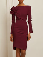 Cream White Bow Long Sleeve Sheath Midi Dress