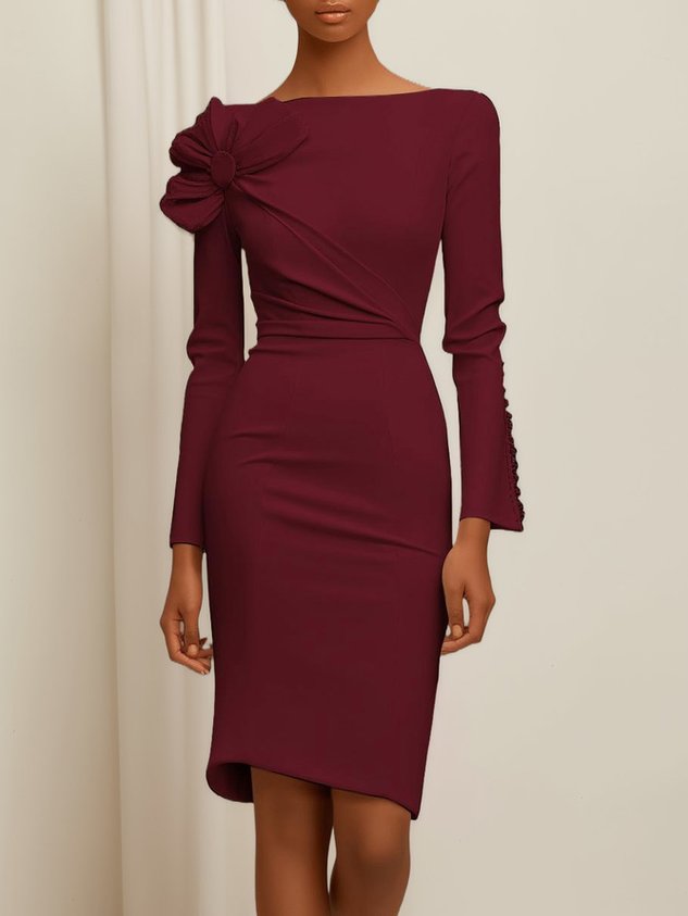 Cream White Bow Long Sleeve Sheath Midi Dress