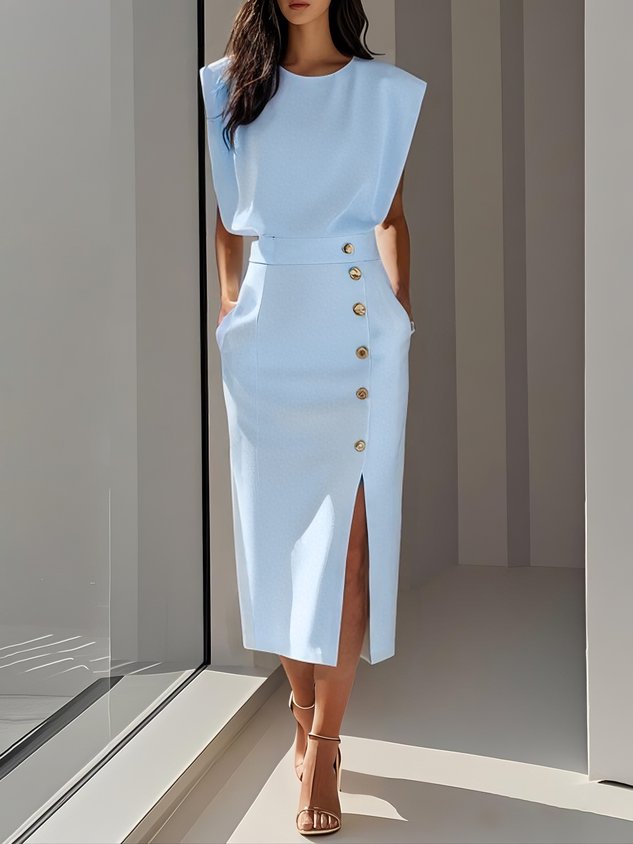 Off White Button Side-Slit Classic Crew Neck Sleeveless Sheath Midi Dress With Pockets