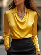 Elegant White Satin Blouse with Draped Neckline