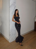 Cocoslly Strapless Sleeveless Long Mermaid Prom Dress | Black Satin CO0092