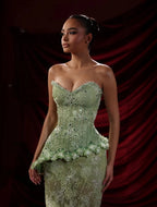 Cocoslly Strapless Sleeveless Long Mermaid Prom Dress With Applique And Beading Pearls | Green Lace CO0035
