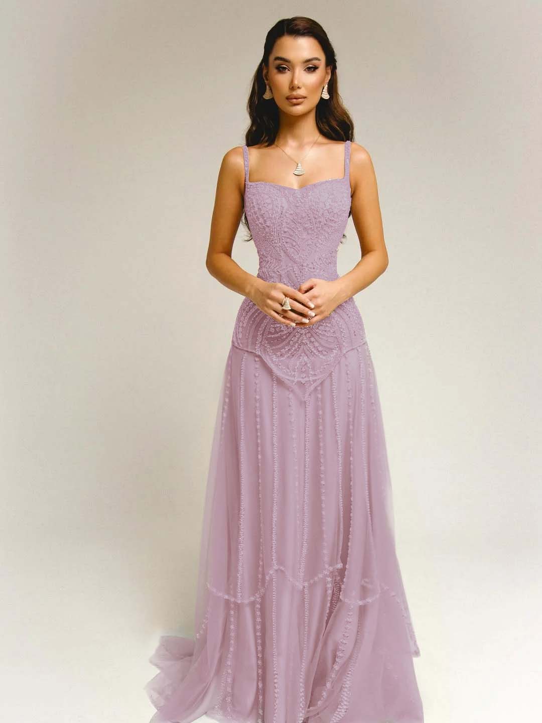 Tulle Square Neck Spaghetti Straps Strapless Sleeveless Long A-Line Prom Dress With Beadings YK0789