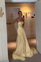 Cocoslly Strapless Sleeveless Long Pleated Prom Dress With Feathers | Ivory Satin ZA0210