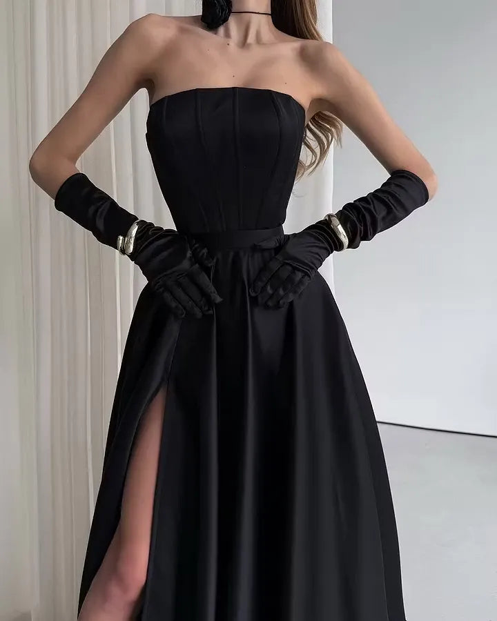 Cocoslly Strapless Sleeveless High Waist Long Prom Dress With Split And Gloves | Black Satin ZT0723