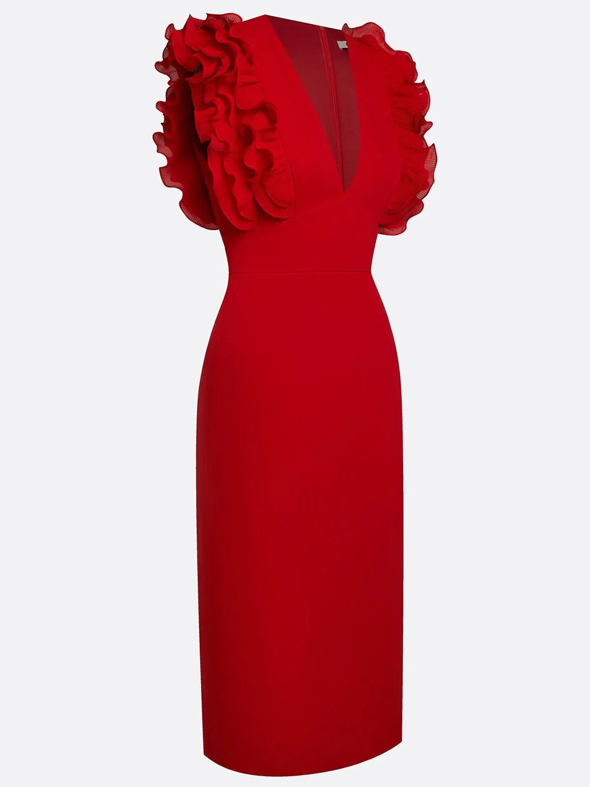 Red Peplum Classic V Neck Sleeveless Sheath Midi Dress