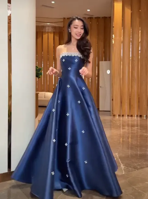 Cocoslly Strapless Sleeveless High Waist Long A Line Prom Dress With Rhinstone | Navy Blue Satin JZ0146