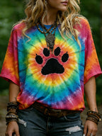 Women's Hippie Abstract Paws Tie-dye Rainbow Pattern Casual T-shirt