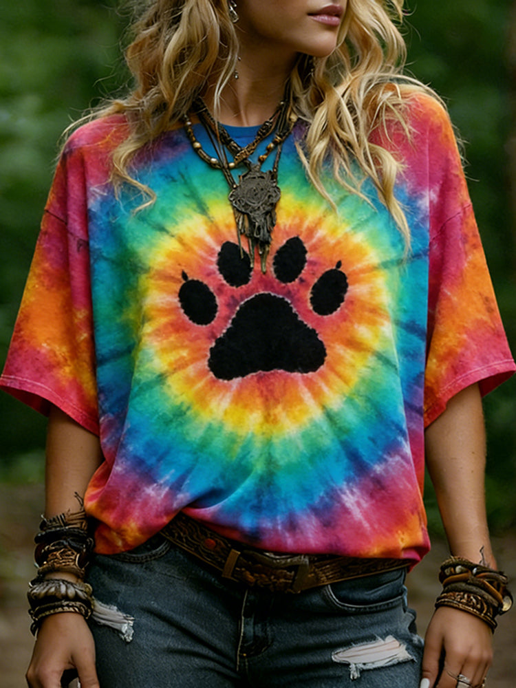 Women's Hippie Abstract Paws Tie-dye Rainbow Pattern Casual T-shirt
