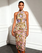 Khaki 3D Floral Classic Halter Neck Sleeveless Sheath Midi Dress