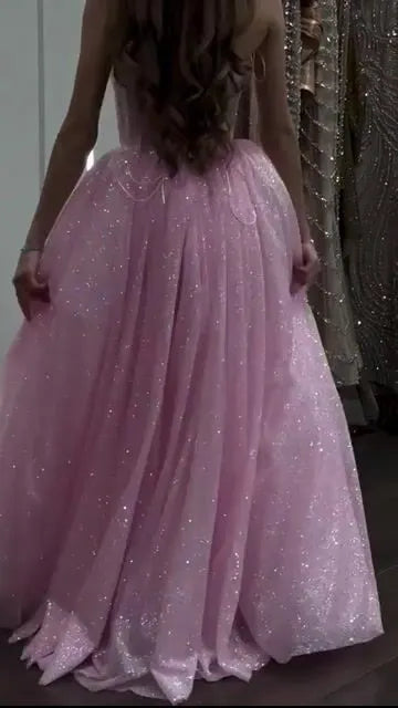 Cocoslly Strapless Sleeveless High Waist Long Prom Dress With Sequins | Pink Tulle CO0213