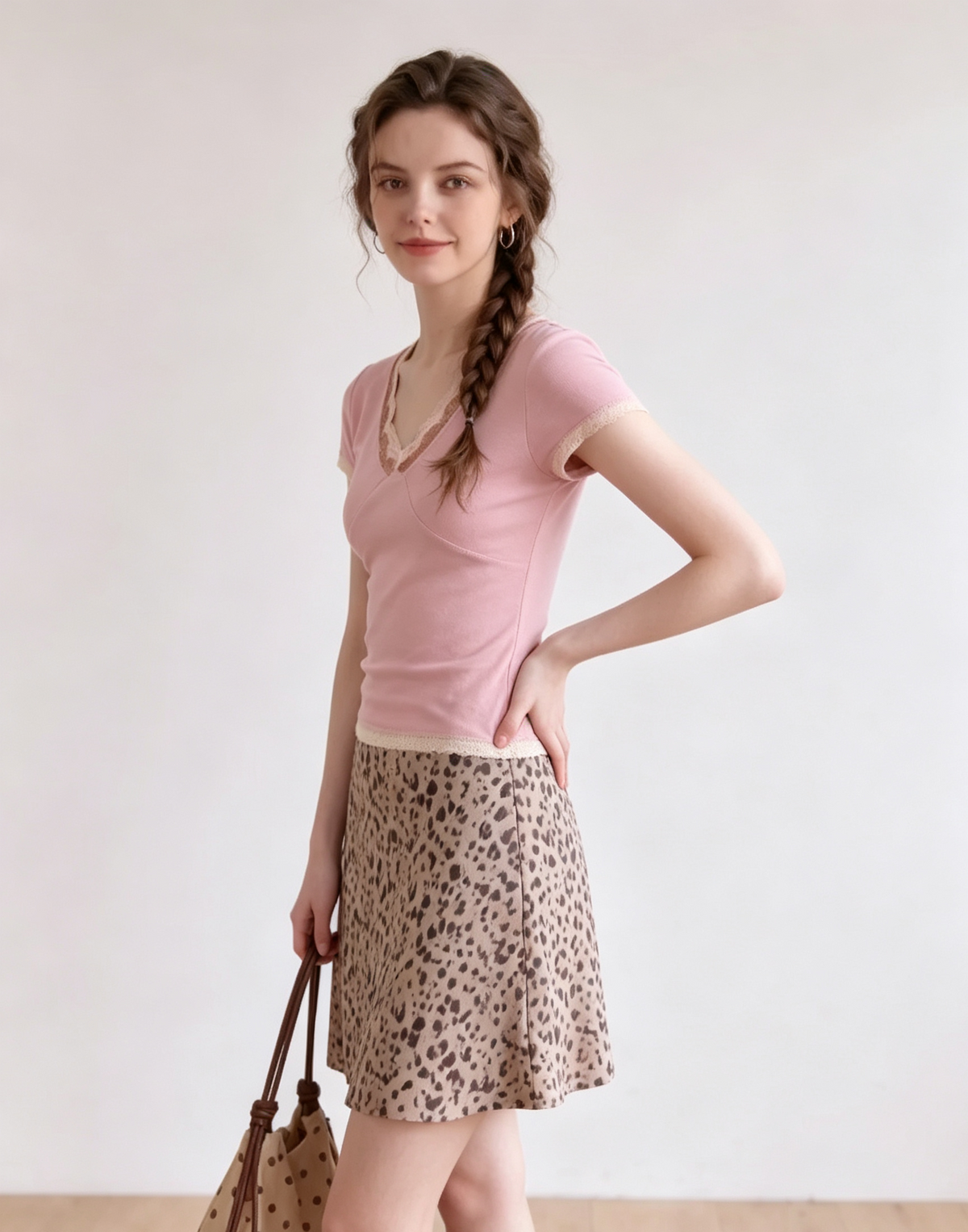 Pink lace-trimmed V-neck T-shirt