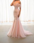 Cocoslly And Tulle Off-The-Shoulder Sleeveless High Waist Long Mermaid Prom Dress With Rhinstone | Pink Satin Pink Satin