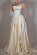 Cocoslly Strapless Sleeveless Long A Line Prom Dress With Pleated Beading