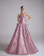 Satin Strapless Sleeveless Long A-Line Prom Dress With Flower Appliqués And Beadings YK0682