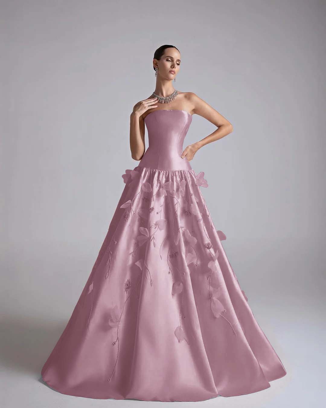Satin Strapless Sleeveless Long A-Line Prom Dress With Flower Appliqués And Beadings YK0682