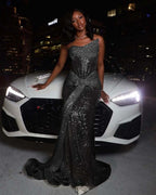 Tulle Asymmetric Strapless Sleeveless Long Pleated Mermaid Prom Dress With Sequins And Ruffles YK0320