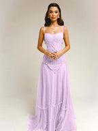 Tulle Square Neck Spaghetti Straps Strapless Sleeveless Long A-Line Prom Dress With Beadings YK0789