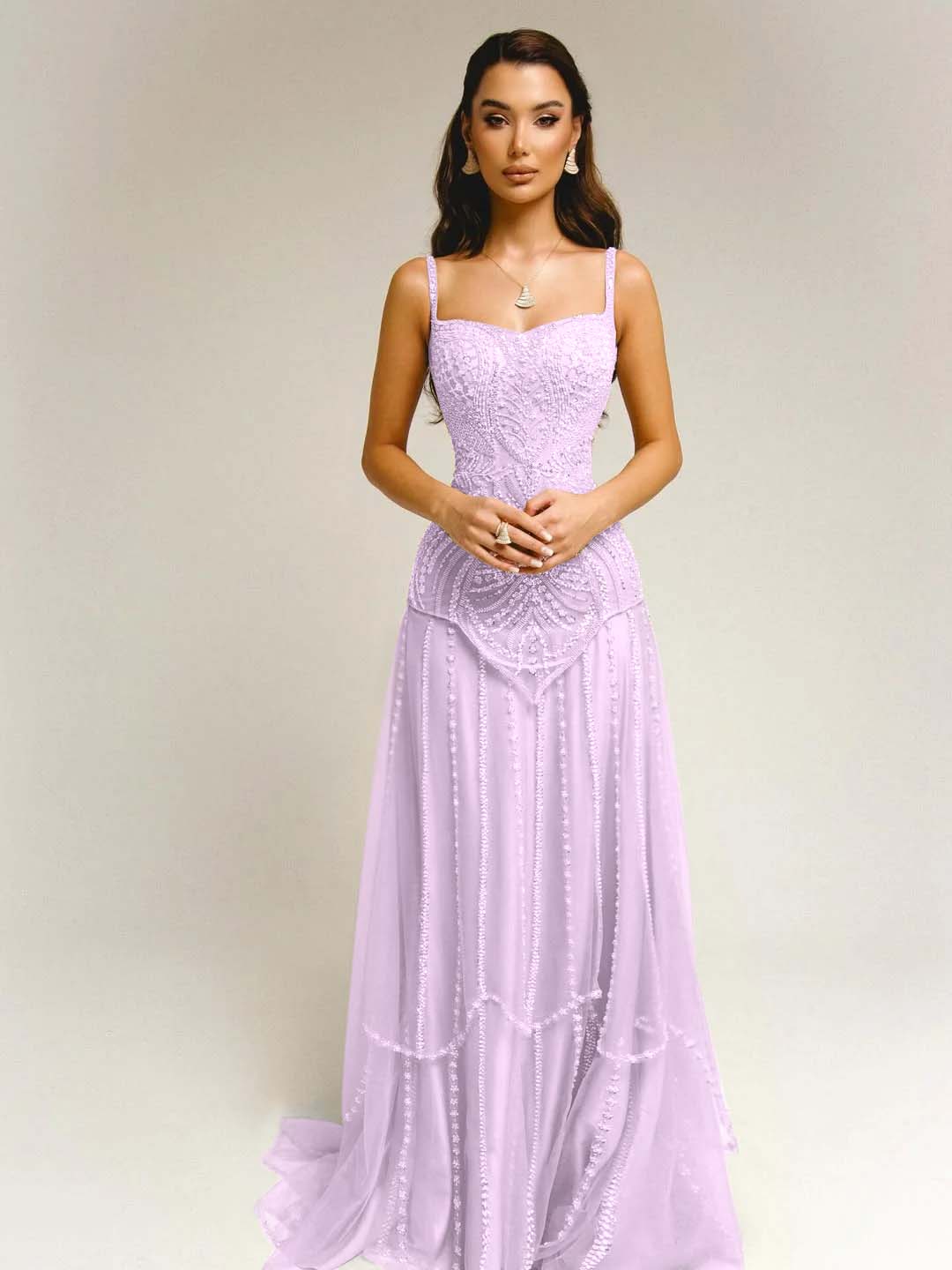 Tulle Square Neck Spaghetti Straps Strapless Sleeveless Long A-Line Prom Dress With Beadings YK0789