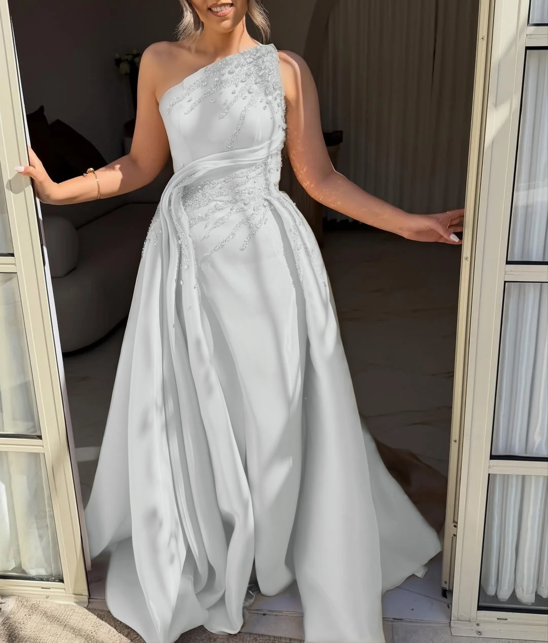 Asymmetric Strapless Sleeveless Long A-Line Prom Dress With Pleated And Beadings YK0692