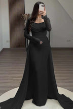 Square Neck Long Sleeves High Waist Long Pleated Mermaid Prom Dress With Beadings And Ruffles YS0057