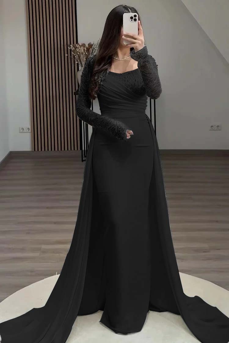Square Neck Long Sleeves High Waist Long Pleated Mermaid Prom Dress With Beadings And Ruffles YS0057