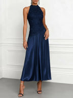 Navy Blue Lace Satin Crew Neck Sleeveless A-Line Maxi Dress