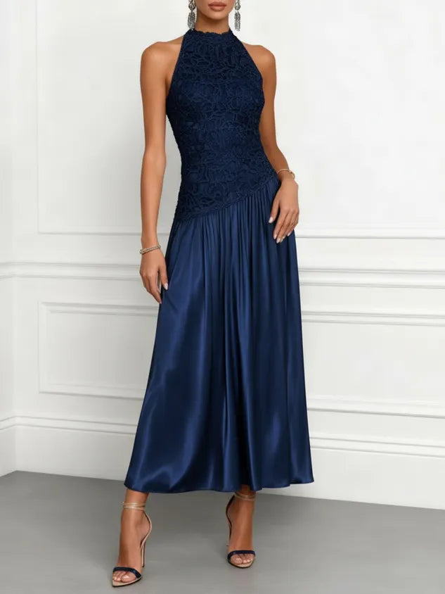 Champagne Lace Satin Halter Crew Neck Sleeveless A-Line Maxi Dress