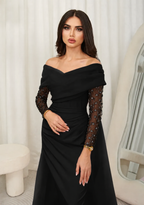 Cocoslly Off-The-Shoulder Long Sleeves High Waist Long Prom Dress With Rhinstone | Blushing Pink Chiffon JZ0100