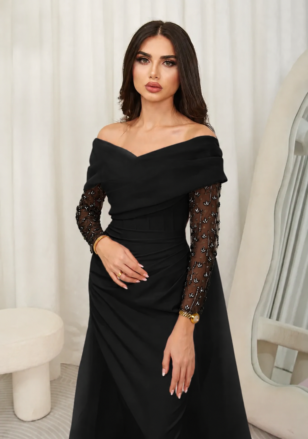Cocoslly Off-The-Shoulder Long Sleeves High Waist Long Prom Dress With Rhinstone | Blushing Pink Chiffon JZ0100