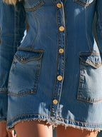 Western Retro Blue Long-Sleeved Multi-Pocket Denim Mini Dress