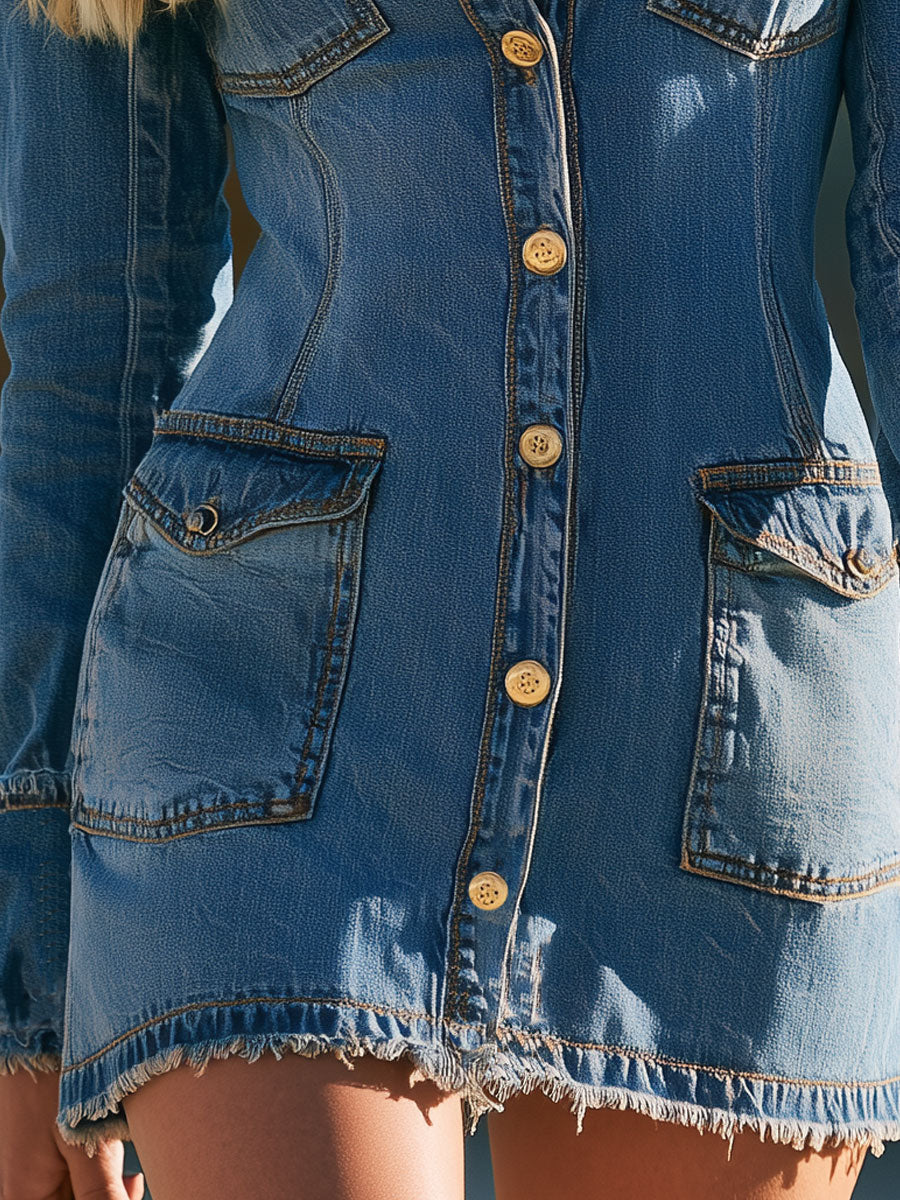 Western Retro Blue Long-Sleeved Multi-Pocket Denim Mini Dress