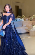Cocoslly Off-The-Shoulder Short  Sleeves High Waist Long Mermaid Prom Dress With Scarf And Sequins | Royal Blue Satin CO0179