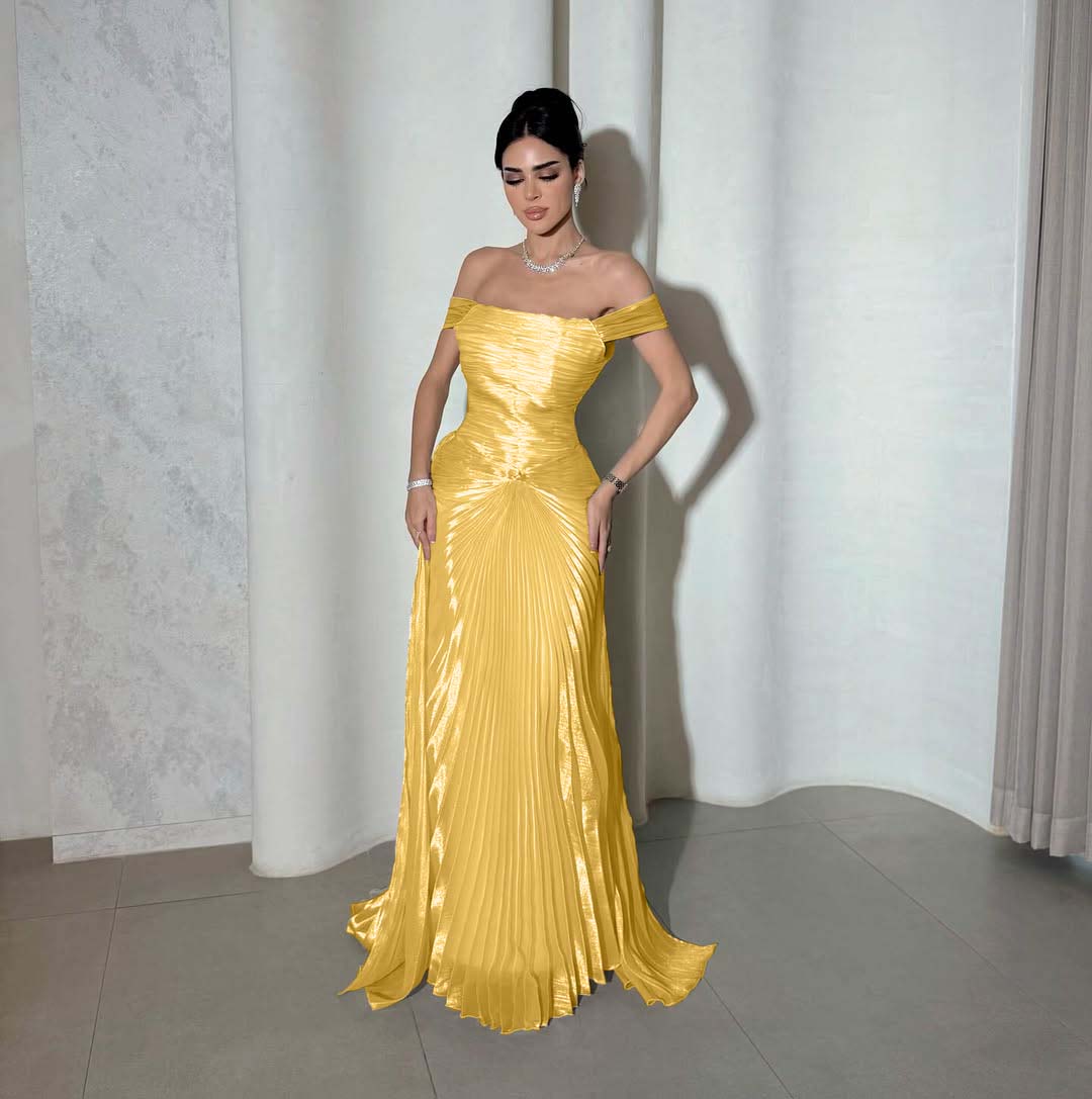 Chic Off the Shoulder Sleeveless Long Prom Dress With Pleated YK0266
