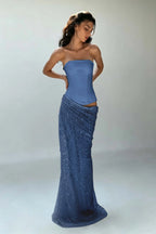 Cocoslly Strapless Sleeveless High Waist Long Mermaid Prom Dress | Creme Yellow Satin And Sequins YC0568