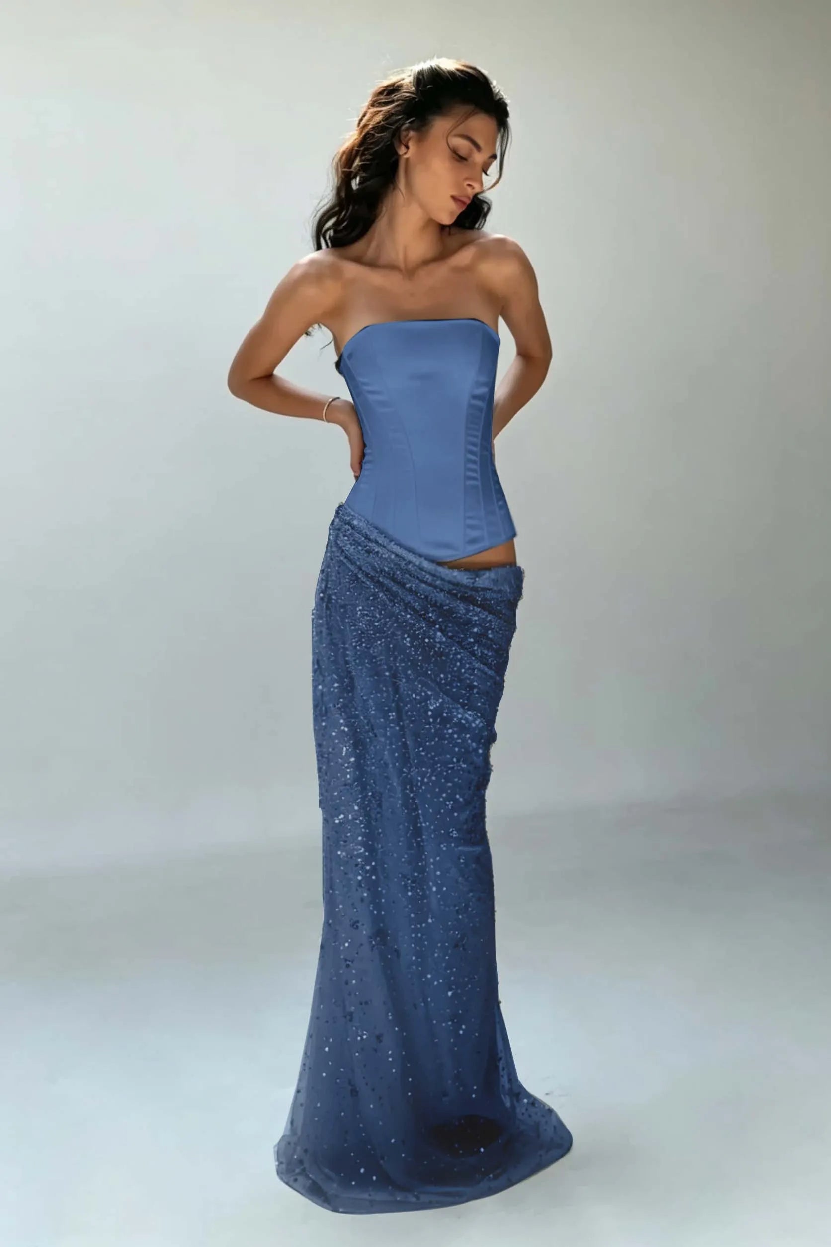 Cocoslly Strapless Sleeveless High Waist Long Mermaid Prom Dress | Creme Yellow Satin And Sequins YC0568