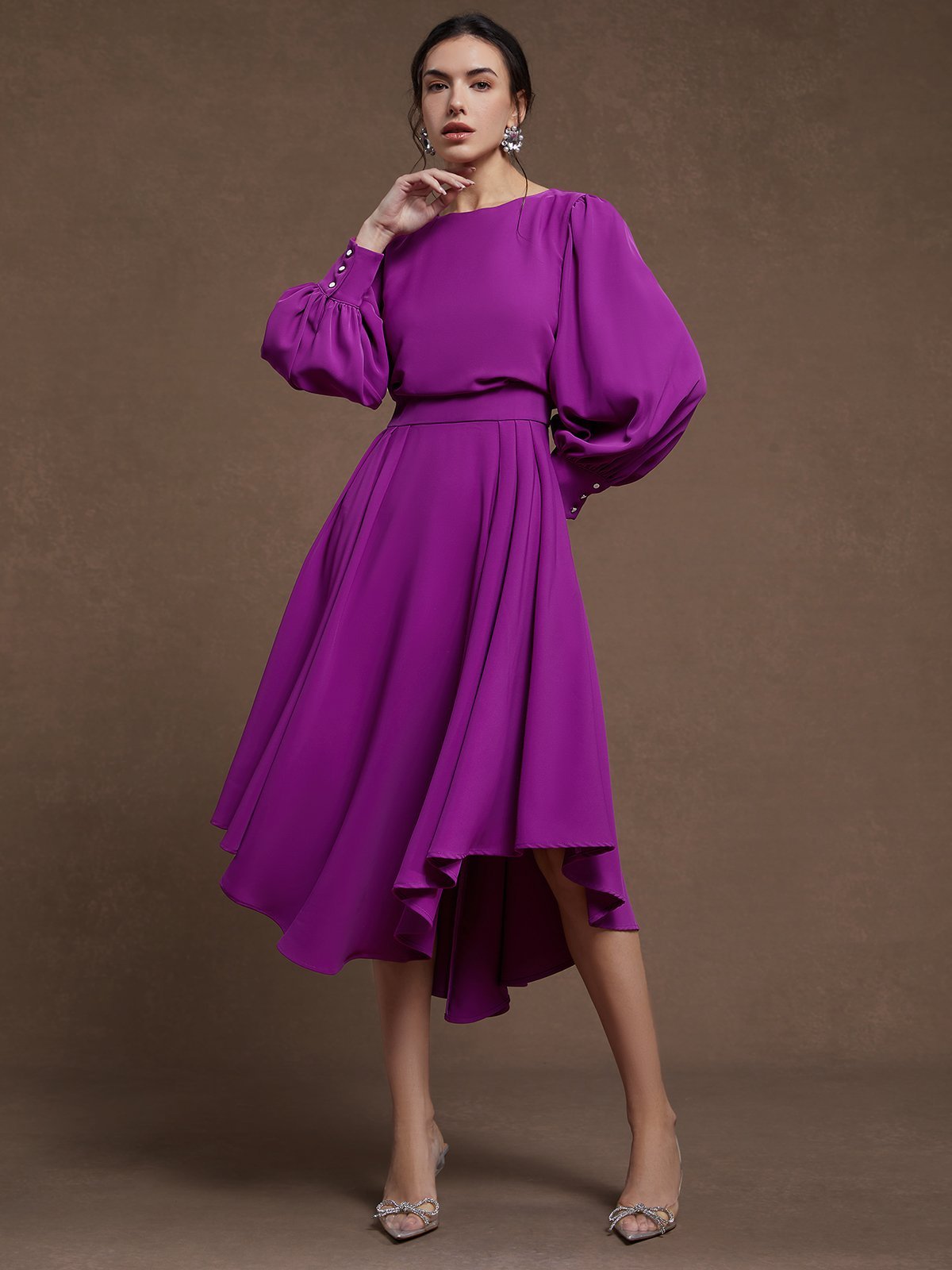 Rose Red Asymmetric Boat Neck Long Balloon Sleeve A-Line Midi Dress