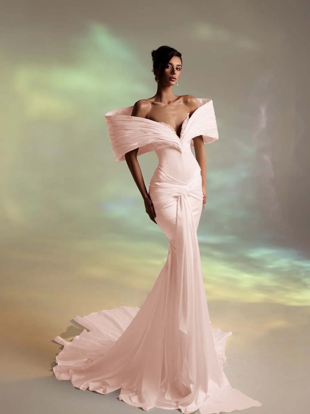 Deep V-Neck Strapless Long Pleated Mermaid Prom Dress With Ruffles And Beadings YK0707