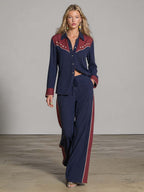 Retro Western Star-Embroidered Navy And Burgundy Cotton-Linen Shirt And Wide-Leg Pants Set