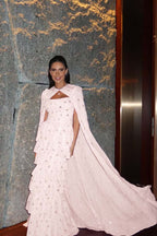 Cocoslly Strapless Sleeveless High Waist Long Prom Dress With Ruffles And Shawl | Pink Chiffon LR0534