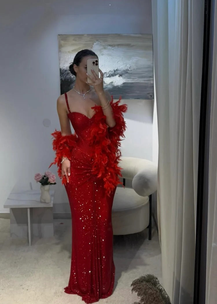 Cocoslly Spaghetti Straps Sleeveless Long Pleated Mermaid Prom Dress With Feathers | Red Sequins CO0137